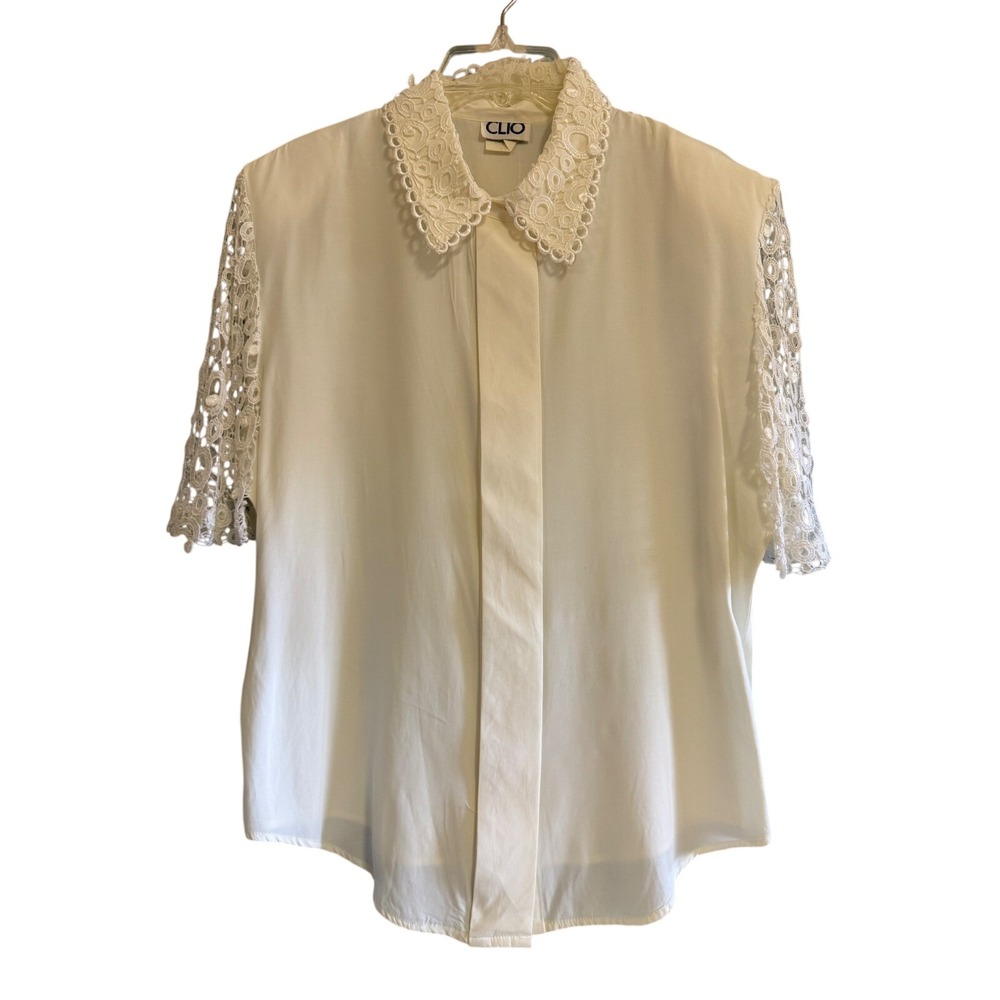 Vintage Clio Cream Crochet Lace Collar & Sleeve Blouse Acetate Rayon Top 491749